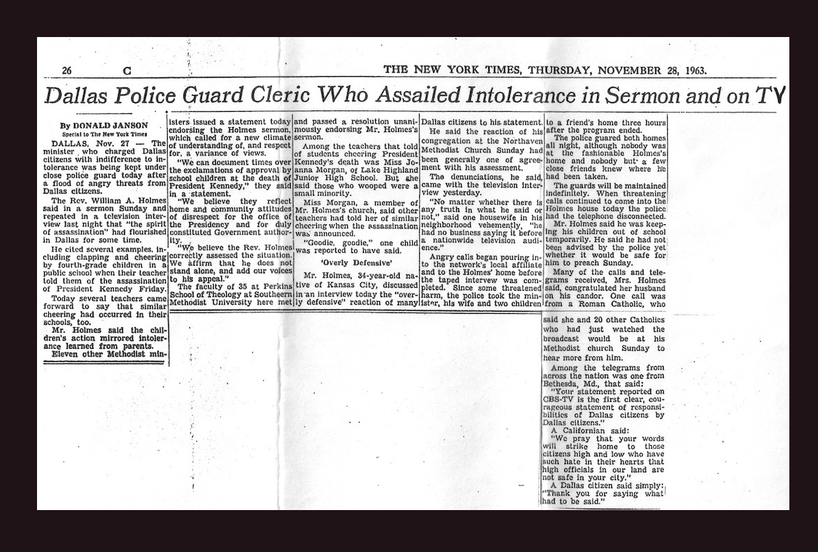 Reaction to the CBS broadcast of portion of the Rev. William Holmes' sermon brought him death threats, a development covered by the New York Times.