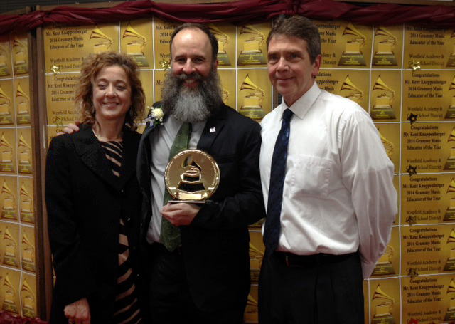 More than 30,000 teachers from all 50 states were nominated for the first Grammy given to a music educator. Kent Knappenberger, seen with Westfield Academy and Central School superintendent David Davison and secondary principal Ivana Hite, got the prize.