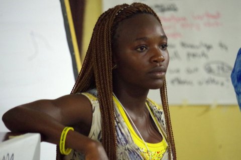 Pauline F. Gartor, a participant at the Gbarnga City gathering on gender-based violence, addresses the group.