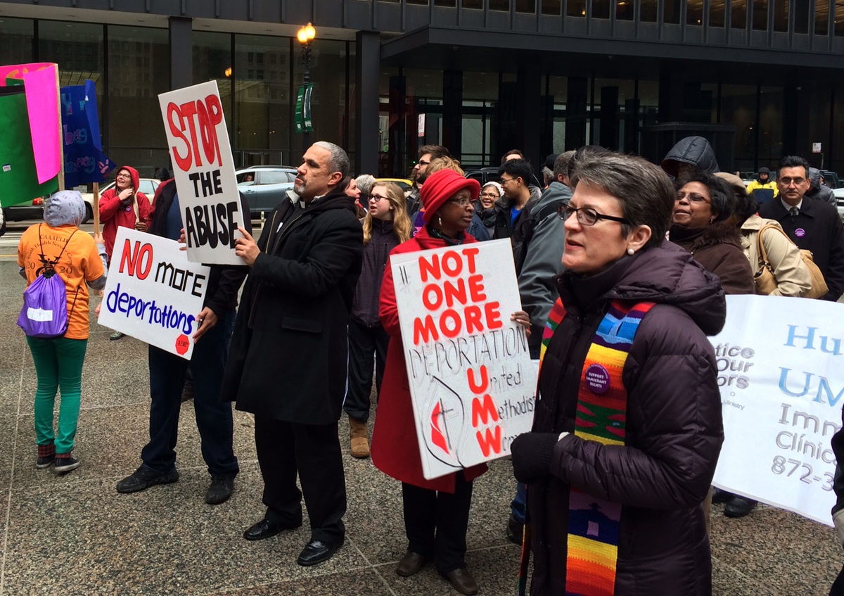 United Methodist Bishop Sally Dyck, Chicago, joins other faith leaders in a March 27, 2014 rally and protest calling upon President Obama to stop deportations of undocumented people. Photo by Michael Vollmer, UMNS.
