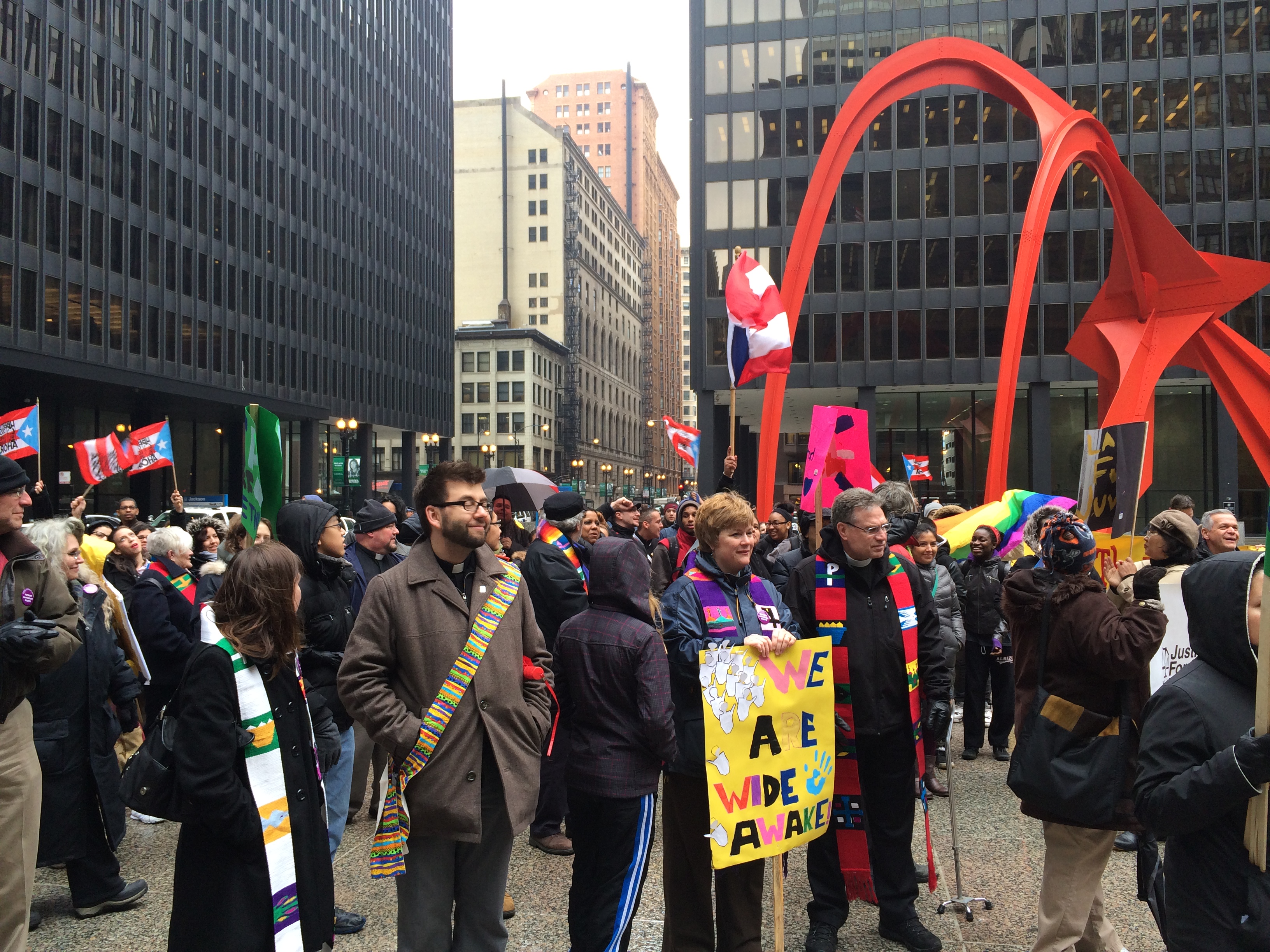 More than 200 people, including United Methodist Bishop Sally Dyck and United Methodists clergy and laity participated in a rally March 27 in downtown Chicago calling for an end to deportations. Photo by Michael Vollmer, UMNS