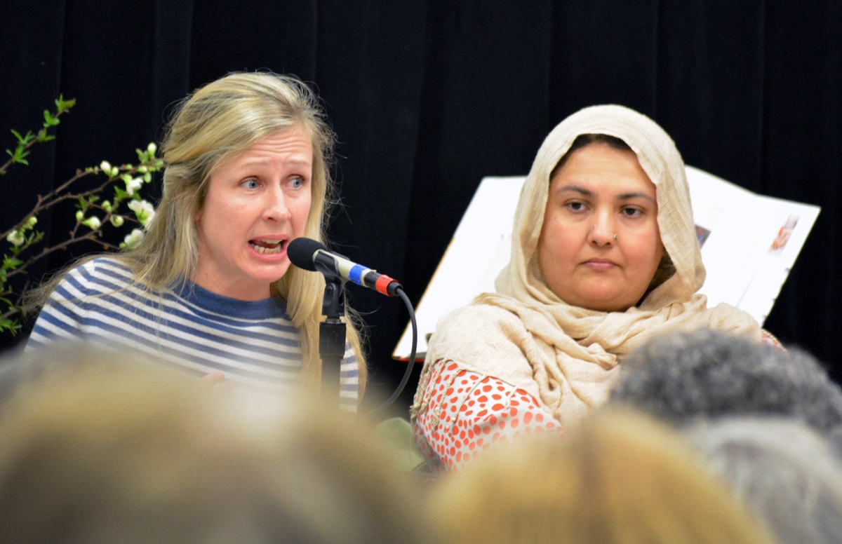 Amy Laura Hall of Duke Divinity, and Dr. Sameera Ahmad, a physician from near Asheville, N.C., participate in a panel discussion with a Muslim physician on the issues of women and health care at the sixth annual Peace Conference held March 27-30 at Lake Junaluska. Photo by Michael Rich.