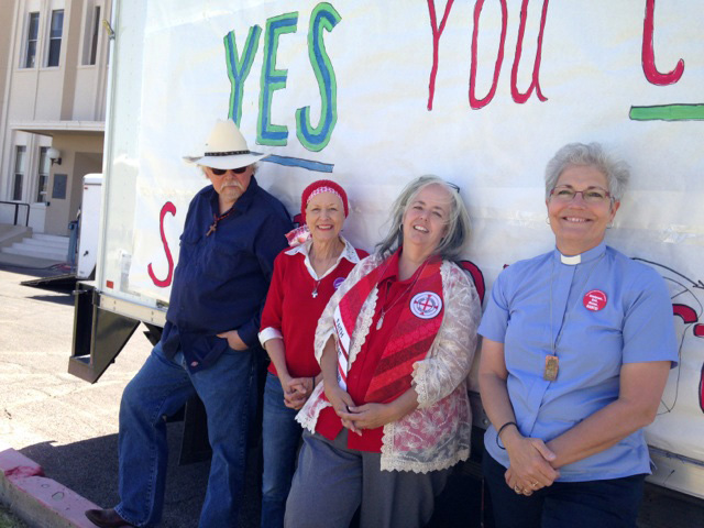 Participating in the April 5 prayer vigil in Safford, Ariz., are the Rev. Bob Gilfert, First United Methodist Church, Barbara Haralson, a member of First United Methodist and deaconess candidate, Deaconess Marjie Hrabe from St. Marks' UMC in Tucson, and Rev. Sherry Brady, associate minister, First United Methodist Church Safford, Ariz. Photo by Ken Showers.
