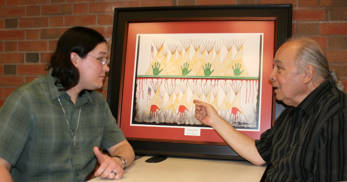 (From left) Theology student Murray Crooks speaks with the Rt. Rev. Stephen Charleston on the campus of Saint Paul School of Theology at Oklahoma City University. Crooks is a Native American student from Alaska. 