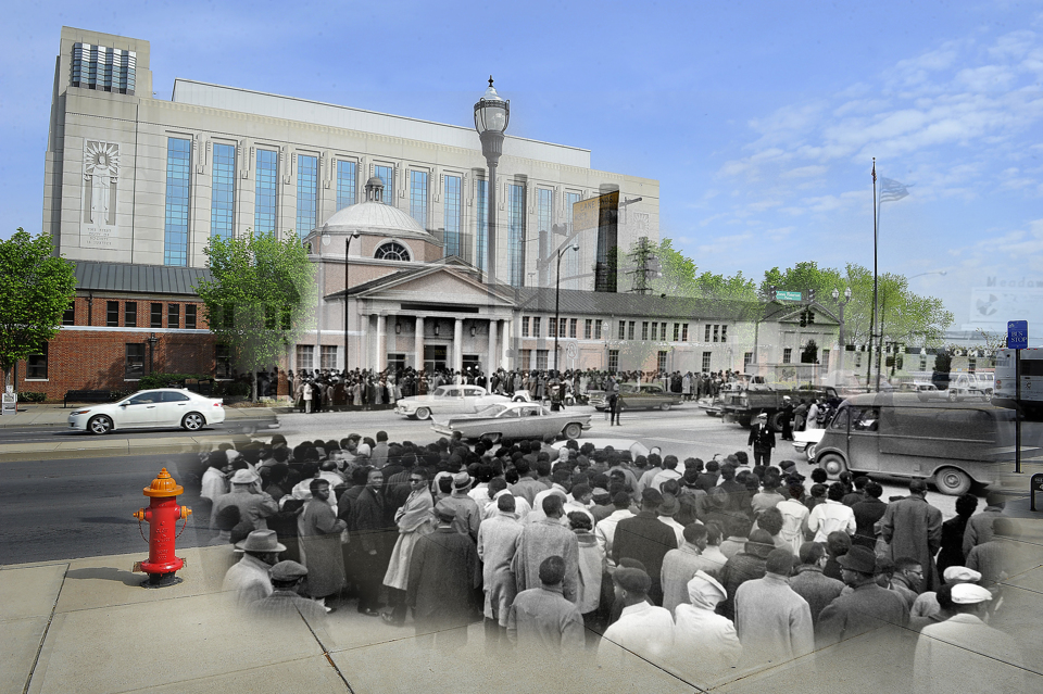Thousands of Negroes jam the sidewalks outside Nashville city court where Negro and white students are tried on charges stemming from lunch counter demonstrations at five downtown stores. Many of the Negroes sang spirituals as they awaited news of the trials. Police estimated the crowd at 2000. 