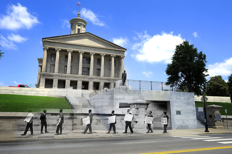 A group of 18 Negroes and whites picket the State Capitol and try to see Gov. Buford Ellington to seek reinstatement of 14 "Freedom Riders" dismissed from Tennessee A & I State University in June, 1961. 