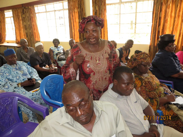 United Methodist medical and health coordinator, Beatrice Gbanga, answers questions relating to the Ebola virus at a July 11 press conference held in Sierra Leone. 