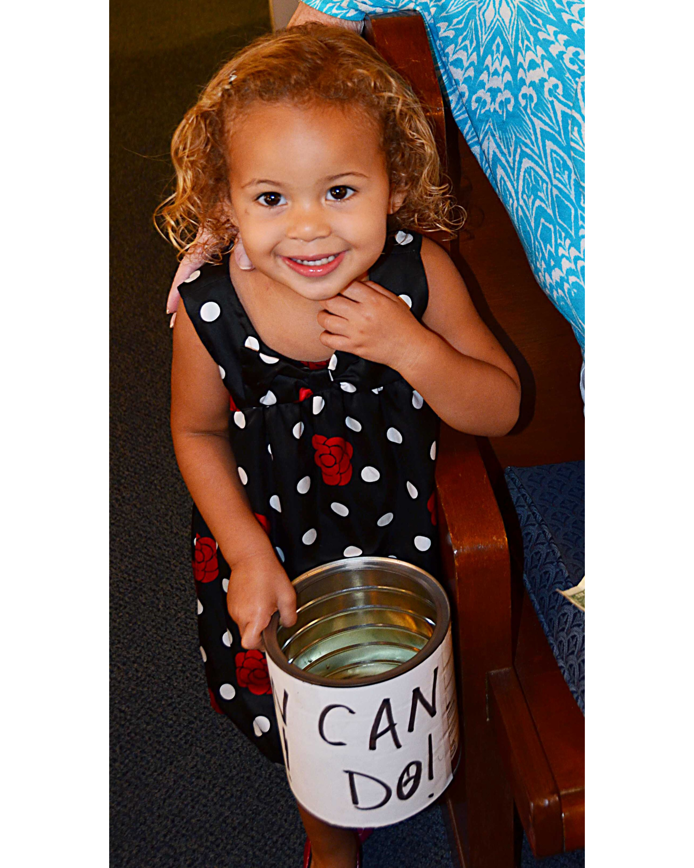 Alaia Williams with I Can Do! can for Imagine No Malaria campaign at Aley United Methodist Church in Seven Points, Texas.