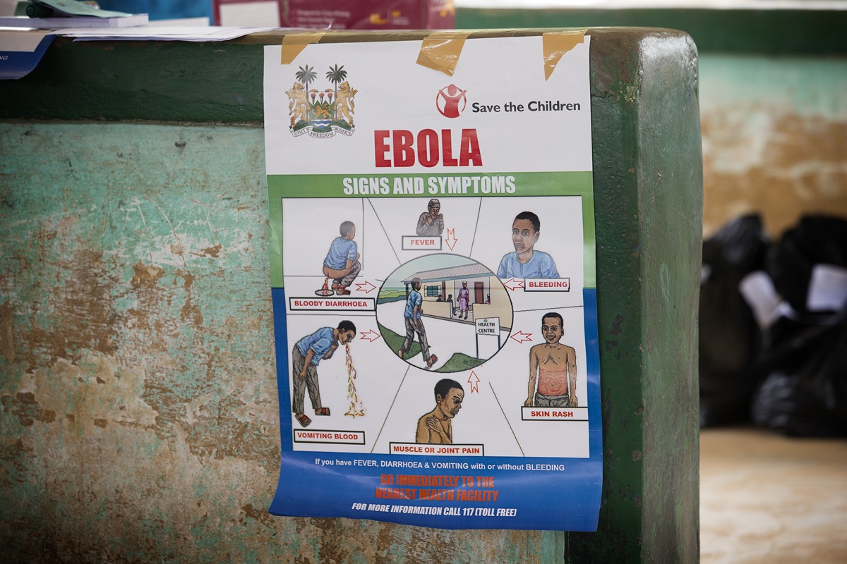 An educational poster about the dangers of the Ebola virus hangs in the community center at the Jaiama Bongor Chiefdom, outside Bo, Sierra Leone. The World Health Organization has declared the Ebola outbreak in West Africa an international health emergency. 