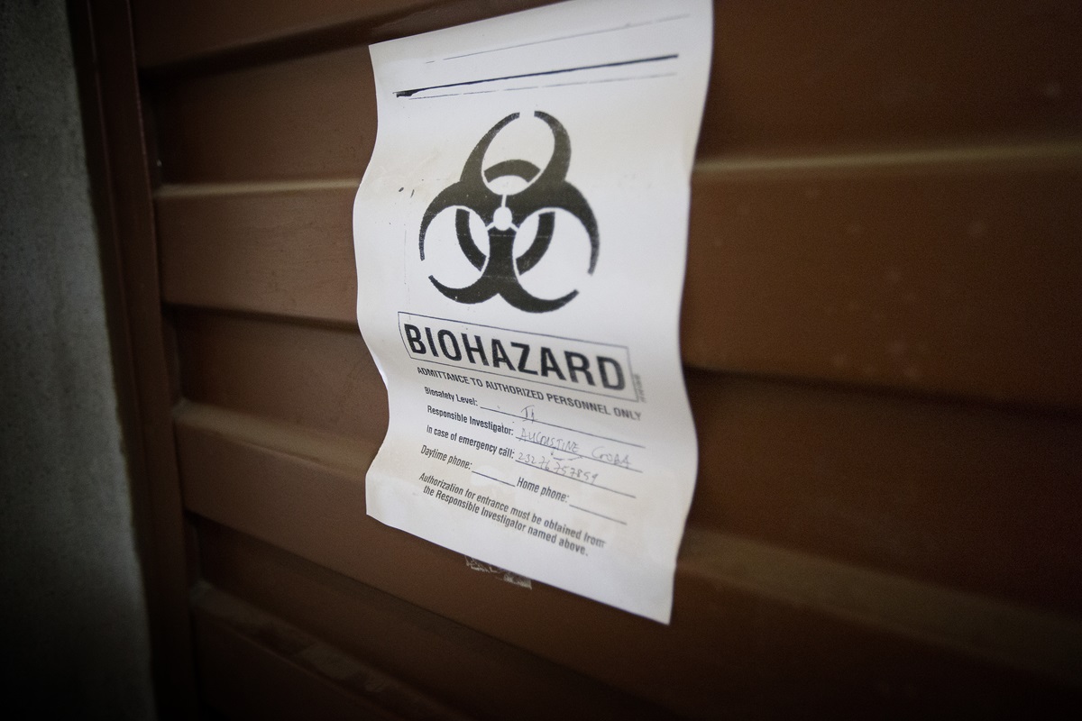 A sign warns of biological hazards in the Lassa fever laboratory at the government hospital in Kenema, Sierra Leone, where current efforts are centered on preventing the spread of the Ebola virus. United Methodist church leaders in West Africa are educating people about prevention, diagnosis and treatment of the disease.