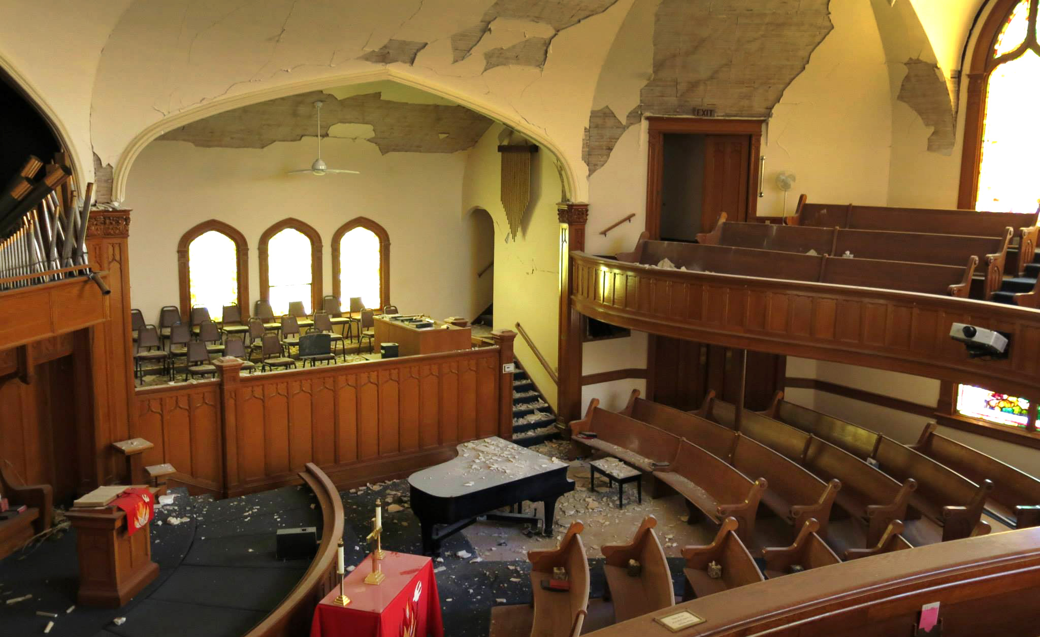 The interior of Napa First United Methodist shows debris and damage to the church following the recent 6.0 earthquake in California.  Photo by Amy Herzog, Napa First United Methodist Church.  