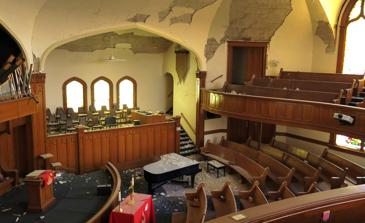 The interior of Napa First United Methodist shows debris and damage to the church following the recent 6.0 earthquake in California.  Photo by Amy Herzog, Napa First United Methodist Church.  