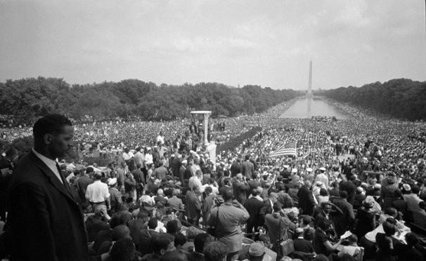 A photo taken from the steps of the Lincoln Memorial shows part of the 200,000 crowd from the 1963 Civil Rights March on the District of Columbia. 