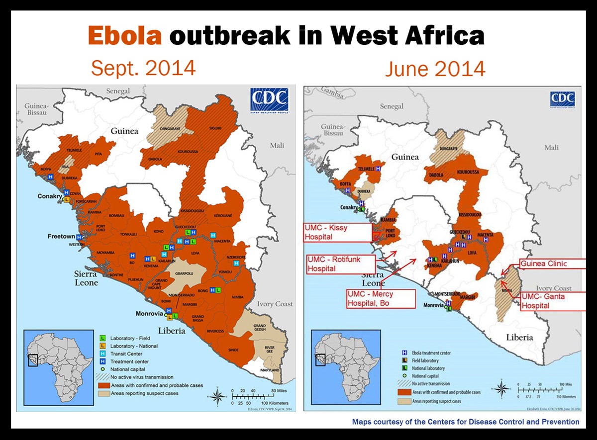 Maps courtesy of the Centers for Disease Control and Prevention, labeling of United Methodist hospitals and clinic by United Methodist Committee on Relief. 