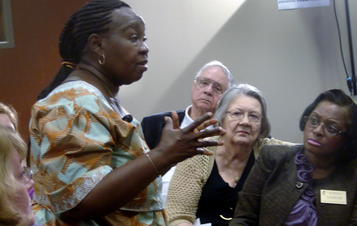 Beatrice Gbanga, a United Methodist health worker and missionary in Sierra Leone, gave a briefing on the Ebola crisis Monday to clergy and laity at the North Texas Conference headquarters in Plano, Texas. Photo by Sam Hodges, UMNS