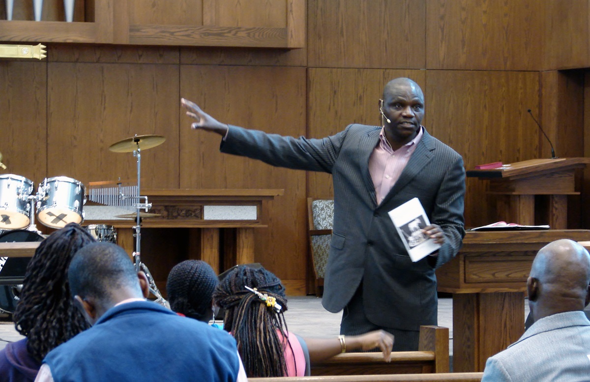 The Rev. Jacob Keega calls for maintaining faith in God during the Ebola threat. He preached Oct. 19 to the Heart of Africa Fellowship at Dallas’ Lovers Lane United Methodist Church. 