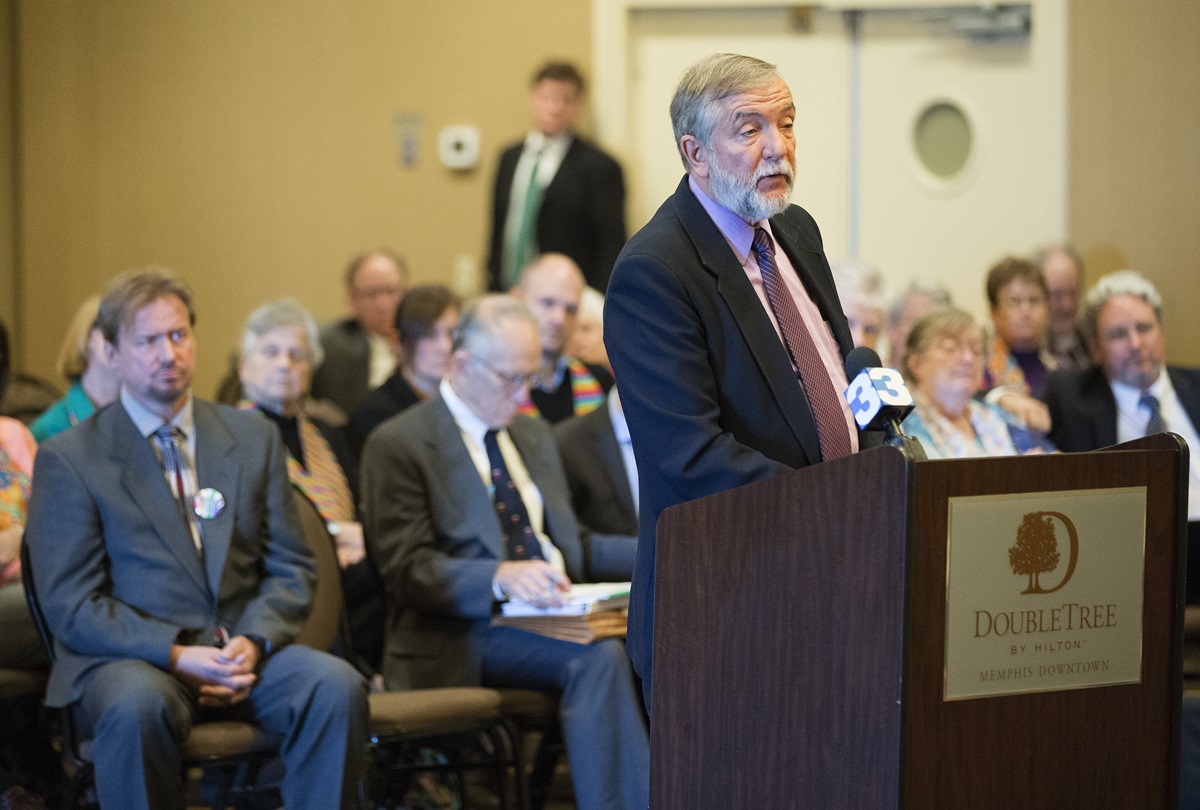 The Rev. Scott Campbell addresses the Judicial Council on behalf of the Rev. Frank Schaefer (left), during the Oct. 22 hearing on Schafer’s case. Photo by Mike DuBose, UMNS.