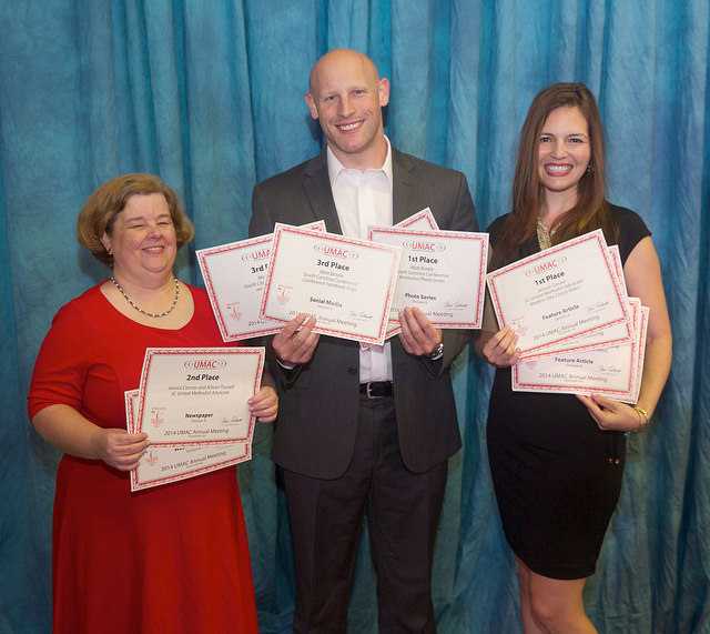 South Carolina Conference staff Allison Trussell, Matt Brodie, and Jessica Connor display the multiple awards they received at the United Methodist Association of Communicators. Photo by Art McClanahan