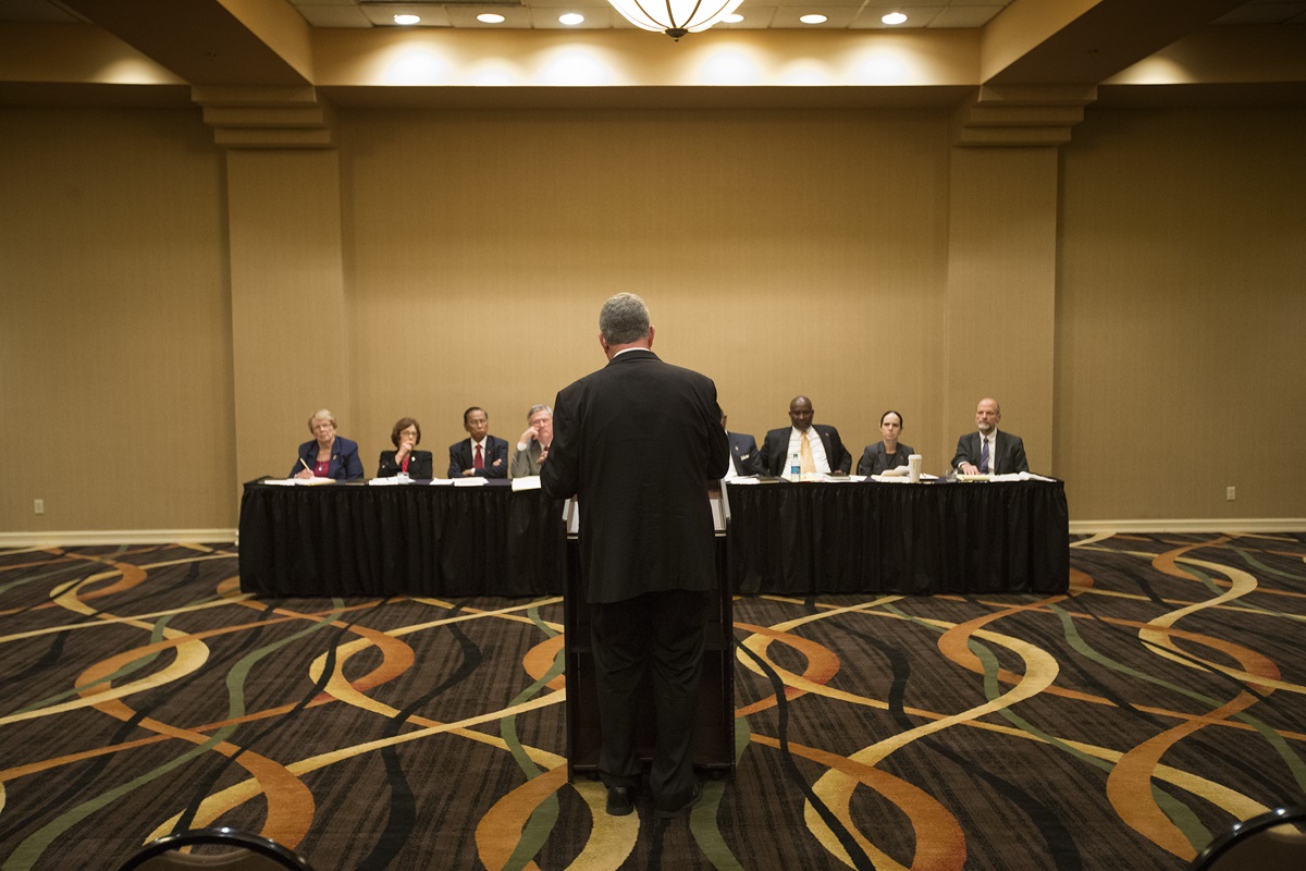  The Rev. Robert Zilhaver of the Western Pennsylvania Conference speaks during an oral hearing Oct. 22 before the United Methodist Judicial Council in Memphis, Tenn. The hearing was related to a petition from the conference on guidelines for the review and dismissal of a complaint against a bishop. Photo by Mike DuBose, UMNS.