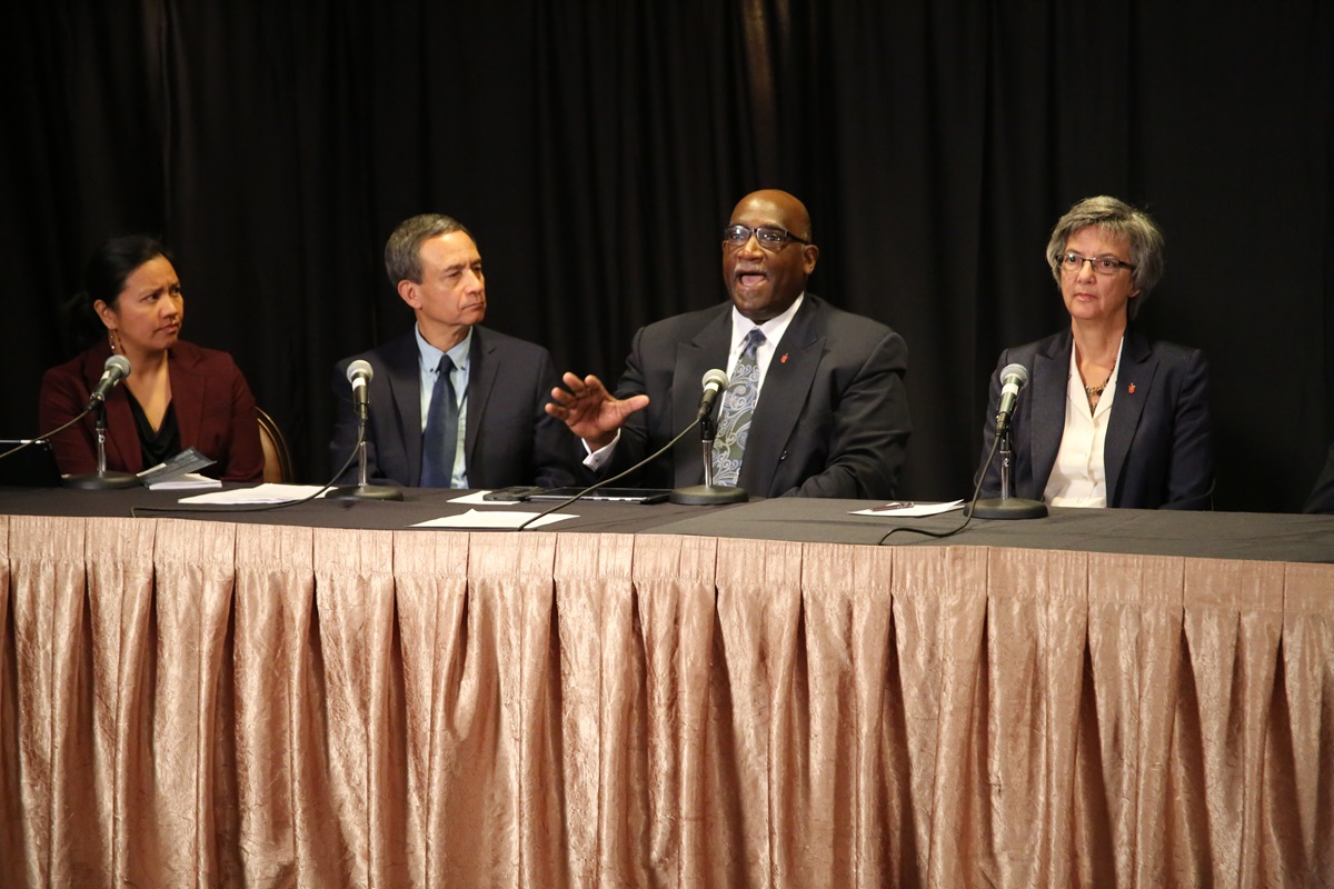 Bishop Gregory V. Palmer, second from right, speaks during a webcast on human sexuality. At his left are the Rev. Amy Valdez Barker and Neil Alexander. At his right is Bishop Hope Morgan Ward. Photo by Harry Leake, United Methodist Communications