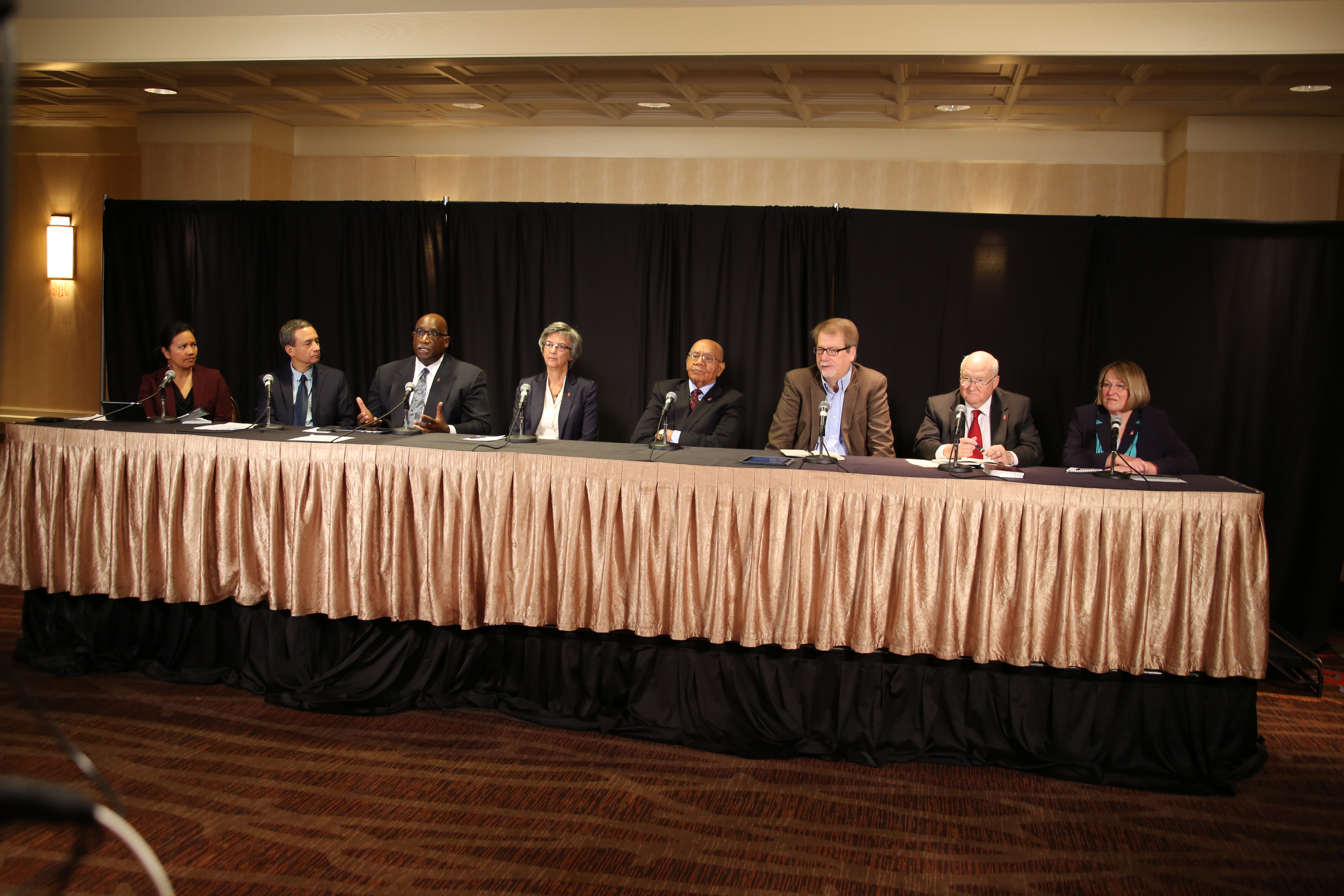 United Methodist leaders discuss the church and homosexuality during a webcast on Nov. 1 on Oklahoma City. Pictured from left are the Rev. Amy Valdez Barker, Neil Alexander and Bishops  Gregory V. Palmer, Hope Morgan Ward, Melvin G. Talbert,  Kenneth H. Carter, J. Michael Lowry and Rosemarie Wenner. Photo by Harry Leake, United Methodist Communications