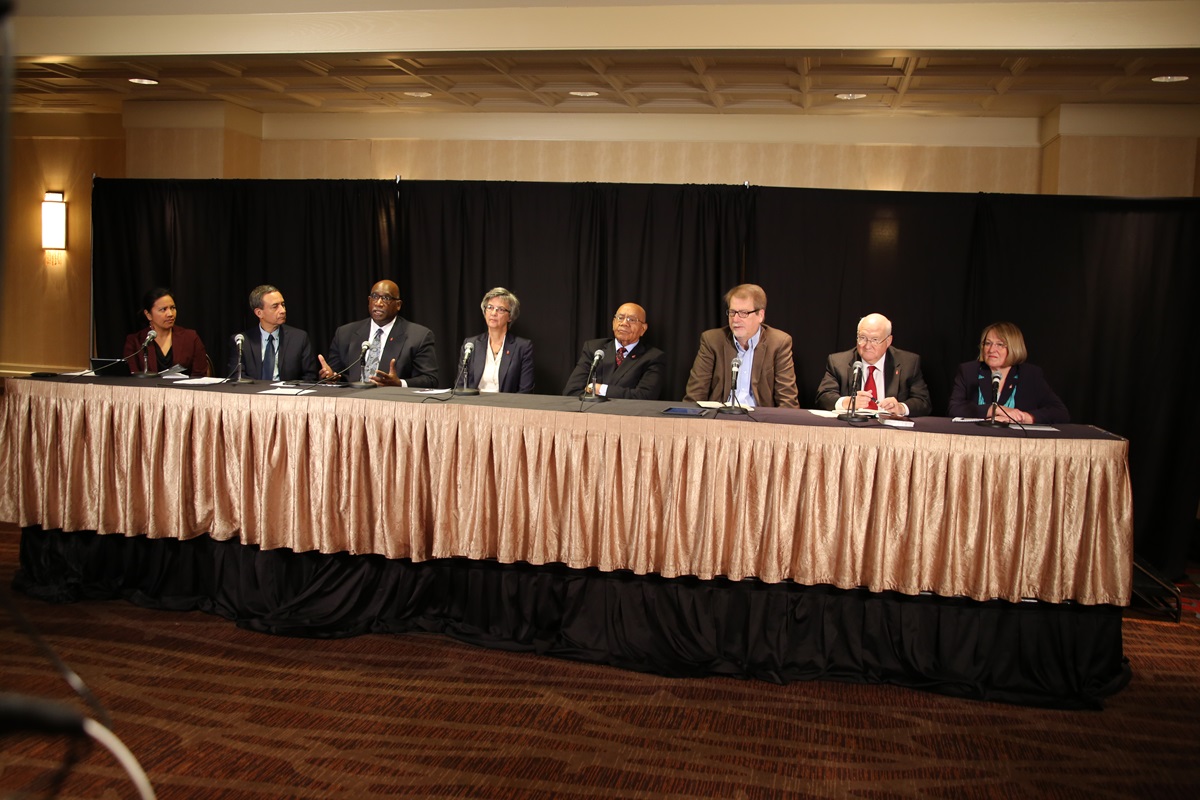 United Methodist leaders discuss the church and homosexuality during a webcast on Nov. 1 on Oklahoma City. Pictured from left are the Rev. Amy Valdez Barker, Neil Alexander and Bishops  Gregory V. Palmer, Hope Morgan Ward, Melvin G. Talbert,  Kenneth H. Carter, J. Michael Lowry and Rosemarie Wenner. Photo by Harry Leake, United Methodist Communications