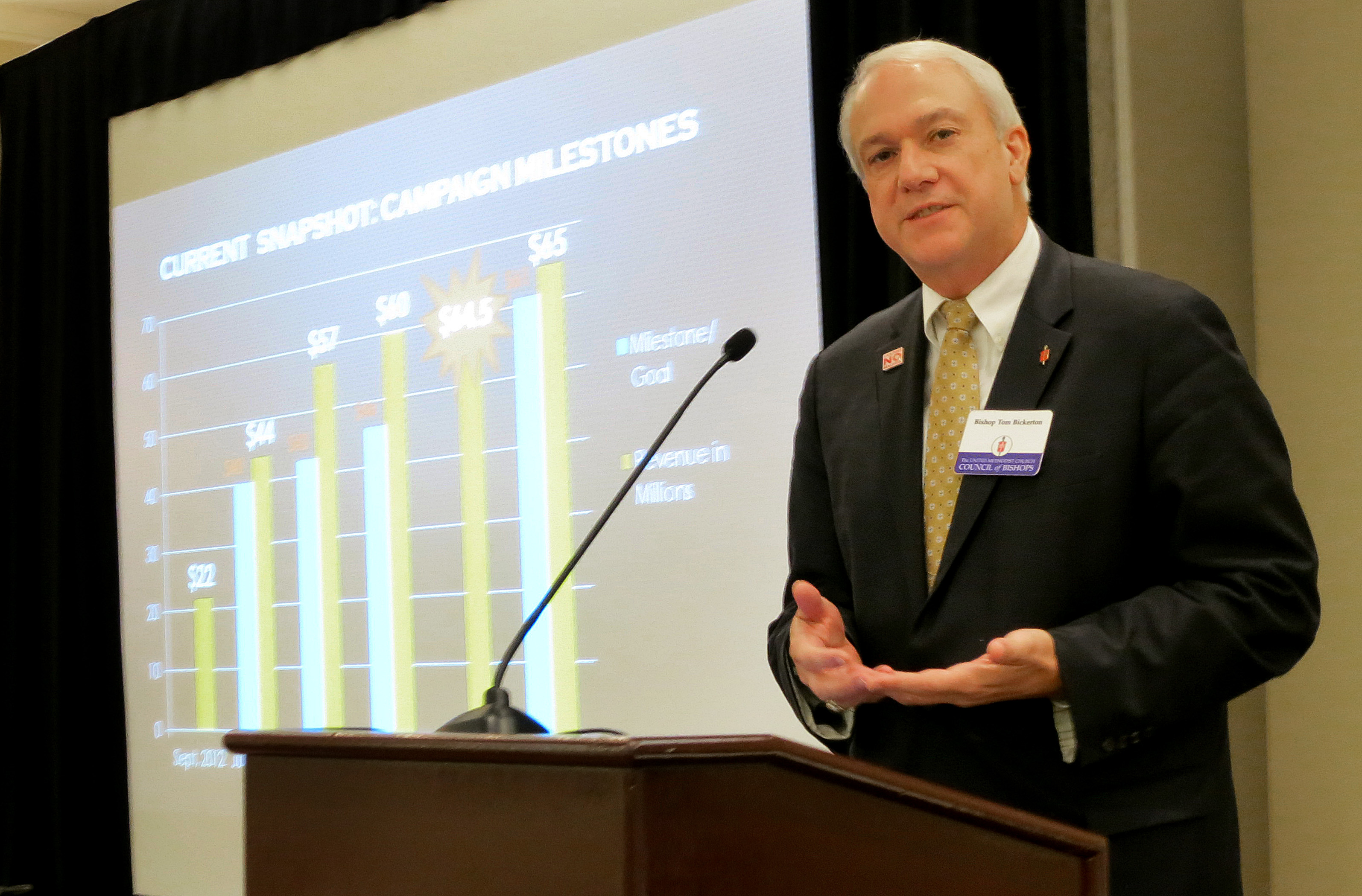 Pittsburgh Area Bishop Thomas J. Bickerton gives an update on the Imagine No Malaria initiative at the United Methodist Council of Bishops meeting Nov. 4 in Oklahoma City. Photo by Tim Tanton, United Methodist Communications