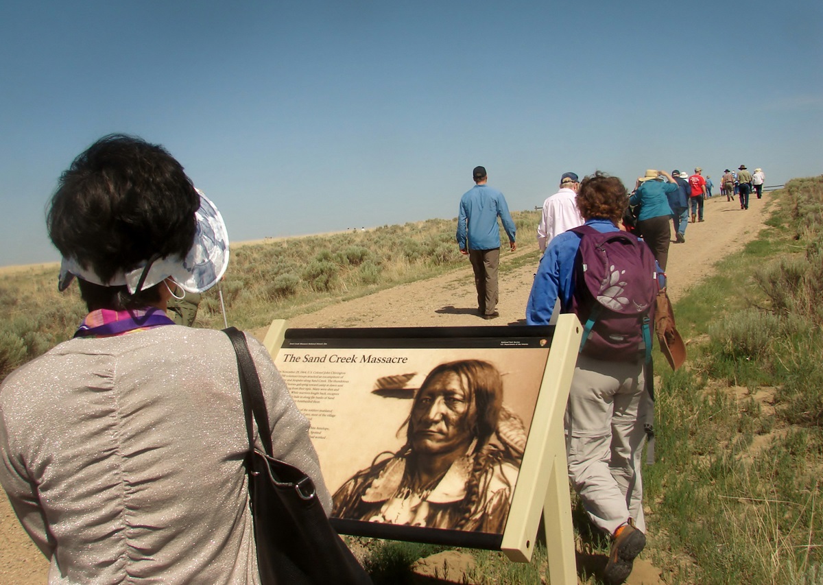 Some 650 members of the Rocky Mountain Conference and guests tour the Sand Creek Massacre National Historic Site, near Eads, Colorado, on June 20. Photo by Sam Hodges, UMNS