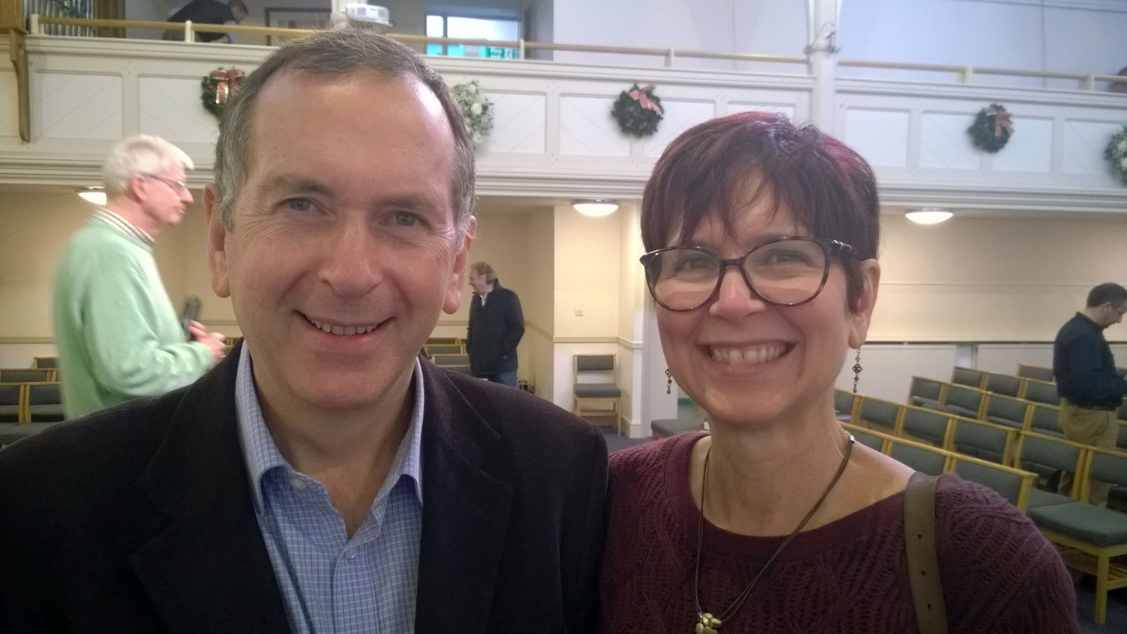 Chris Loughlin and Kathleen LaCamera, who run PictureWise Productions, led the project team for the joint Christmas Eve service of Knutsford Methodist Church in Cheshire, England, and United Methodist Erlöserkirche (Church of the Redeemer) in Bremen, Germany. Photo courtesy of Kathleen LaCamera