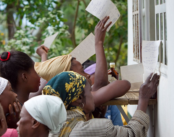 Patients wait to have prescriptions filled at the Methodist Church’s health clinic.