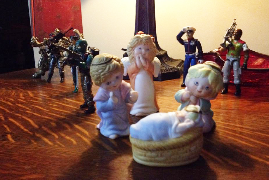 Pam Jones’ young son set up GI Joes to guard the Christ Child in the family Nativity set after hearing about King Herod’s plan to ‘kill baby Jesus.’ Years later, the toy soldiers are still very much part of the family tradition. Photo by Pam Jones.