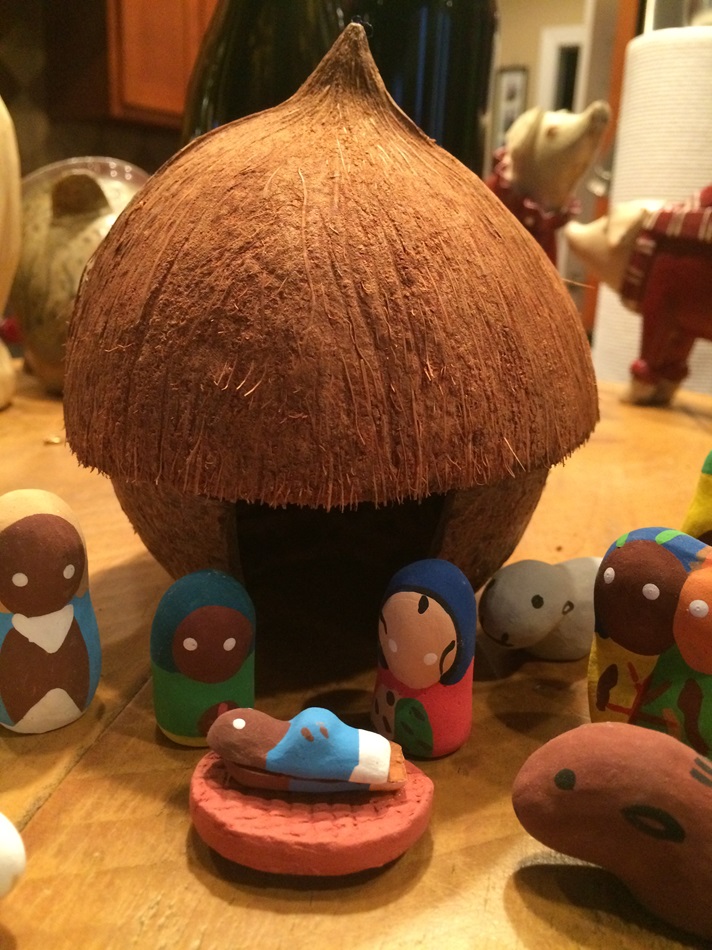 Another view of JoAnn Hall’s handmade Nativity scene from Haiti shows the coconut stable or shelter. Photo by JoAnn Hall.