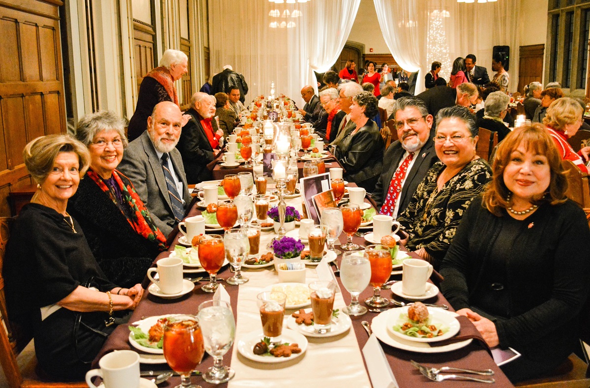 (From left) Jane Bucher, Pauline Alvirez, David Alvirez, Raul Alegria, Bilha Alegria, Bishop Minerva Carcaño are a few of the attendees of the Dec. 6 awards dinner at Scarritt Bennett.