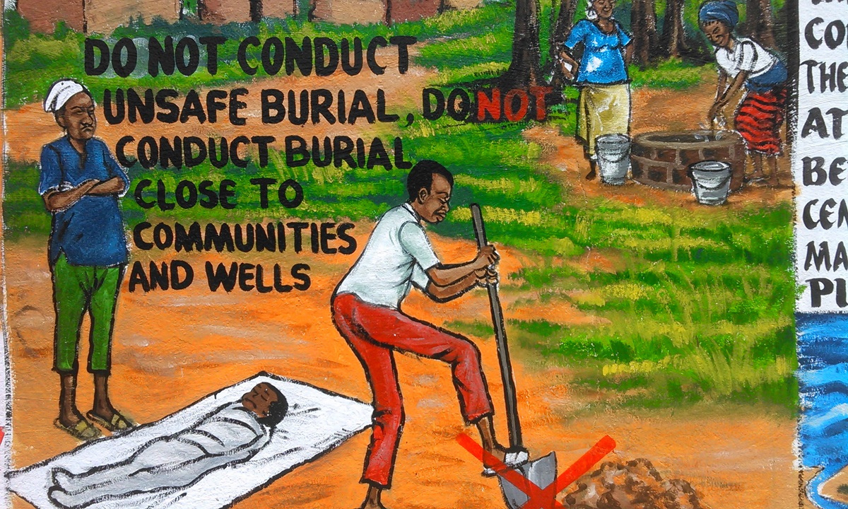 The importance of not adhering to traditional burial rituals protects family members from spreading the Ebola virus. Liberia has incorporated the visual arts in mural form in order to communicate information about Ebola. 