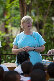 Pam Carter visiting with the children who attend the College de Freres school. Photos courtesy of David Johnson / www.silentimages.org. 