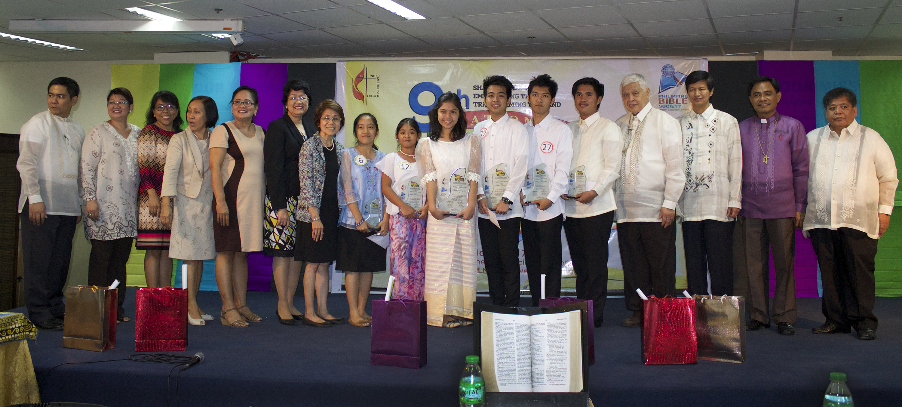 Winners of the Ninth National Bible Quiz stand with organizers and Filipino bishops at the Philippine Bible Society Auditorium in Manila.  The theme of the 2015 quiz was “Sharing God’s World, Empowering the Poor, Transforming the Land.”  The quiz is co-sponsored by The United Methodist Church Board of Christian Education and Discipleship and the Philippine Bible Society. Photo by Gladys P. Mangiduyos, UMNS