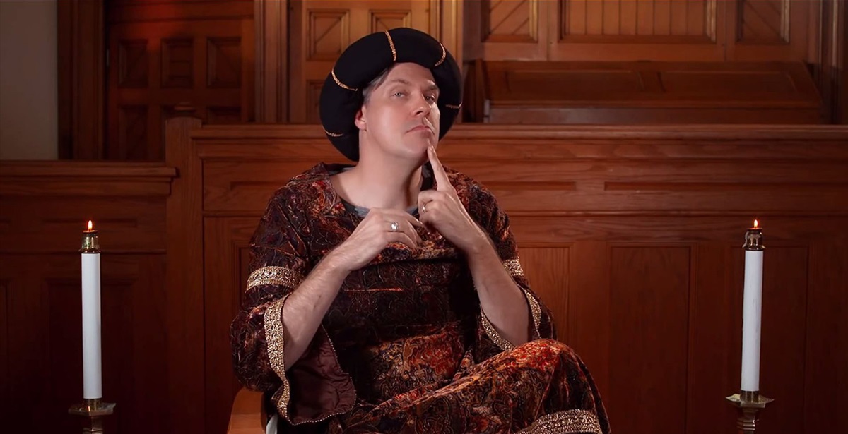 Chuck, played by Josh Childs, ponders the Gospel of Matthew's account of the  Magi's visit to Jesus. Video image from ‘Chuck Knows Church: Wise Men,’ courtesy United Methodist Discipleship Ministries