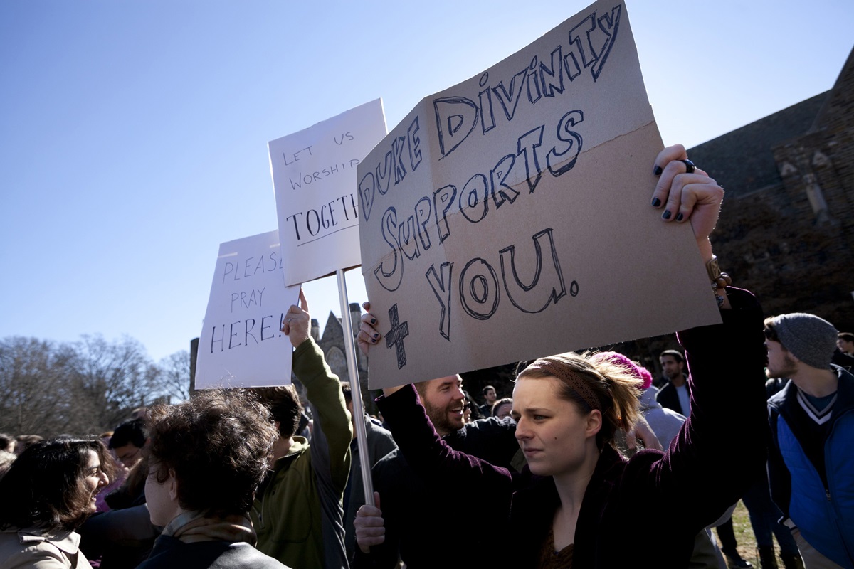 Duke University’s Muslim students got support from students of Duke Divinity School in the controversy over whether to allow the adhan, or Muslim call to prayer, for the Duke Chapel bell tower. Photo by Megan Morr, © Duke Photography