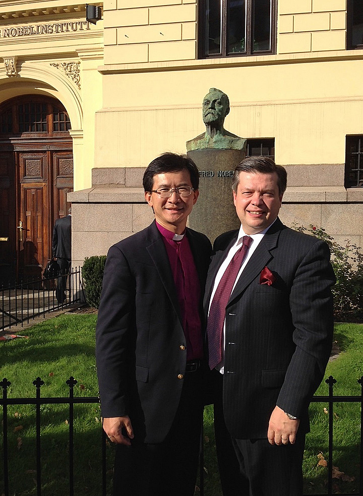 United Methodist Bishop Eduard Khegay, left, with Vladimir Samoilov, Development Expert Council Consultative Council of the Heads of Protestant Churches in Russia, during a visit to the Nobel Institute in Oslo, Norway, in September 2014. Photo courtesy of Bishop Eduard Khegay