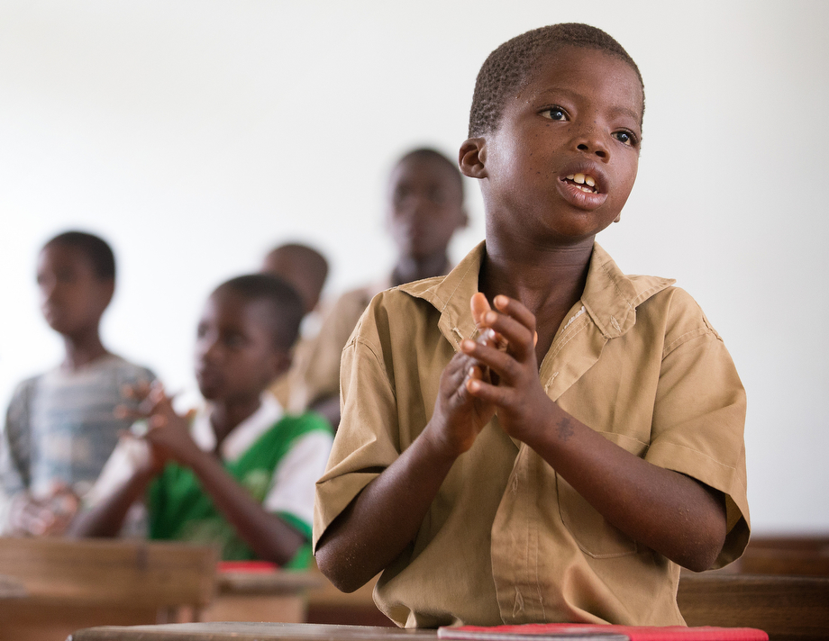 Henry Jöel Koman, 8, recites his lesson at The United Methodist Church's primary school in Kounouko. The village chief praised the church's success in raising the literacy rate.