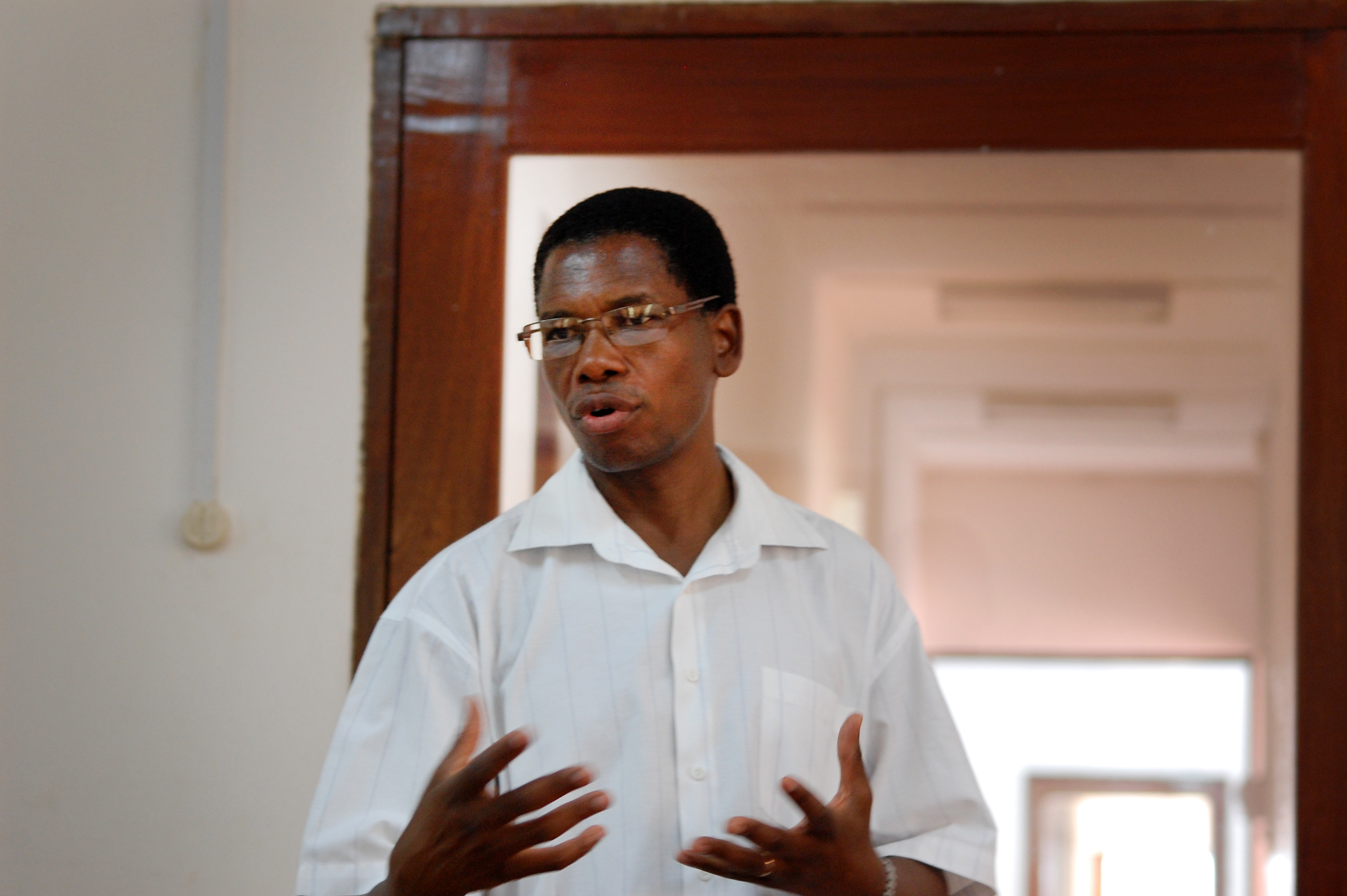 The Rev. Alindo Romão, health coordinator for the Center of Hope in Chicuque, Mozambique speaks to visitors during a 2015 site visit from the Connectional Table.  Photo by Keeton Bigham-Tsai
