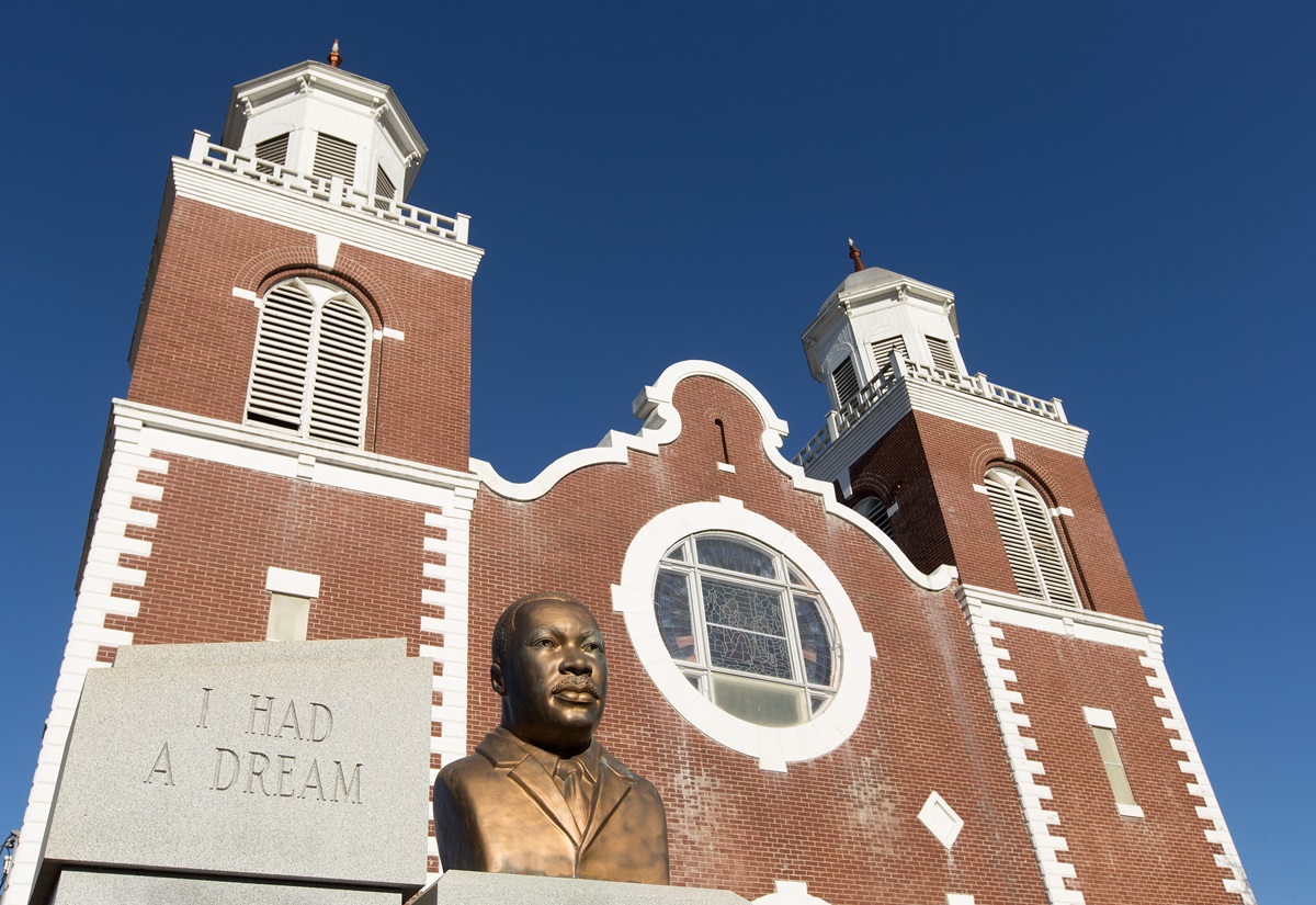 A bust of the Rev. Martin Luther King Jr. stands outside Brown Chapel African Methodist Episcopal Church in Selma, Ala. The church served as a staging area for voting rights protesters who were beaten by police during the "Bloody Sunday" march in 1965. Photo by Mike DuBose, UMNS