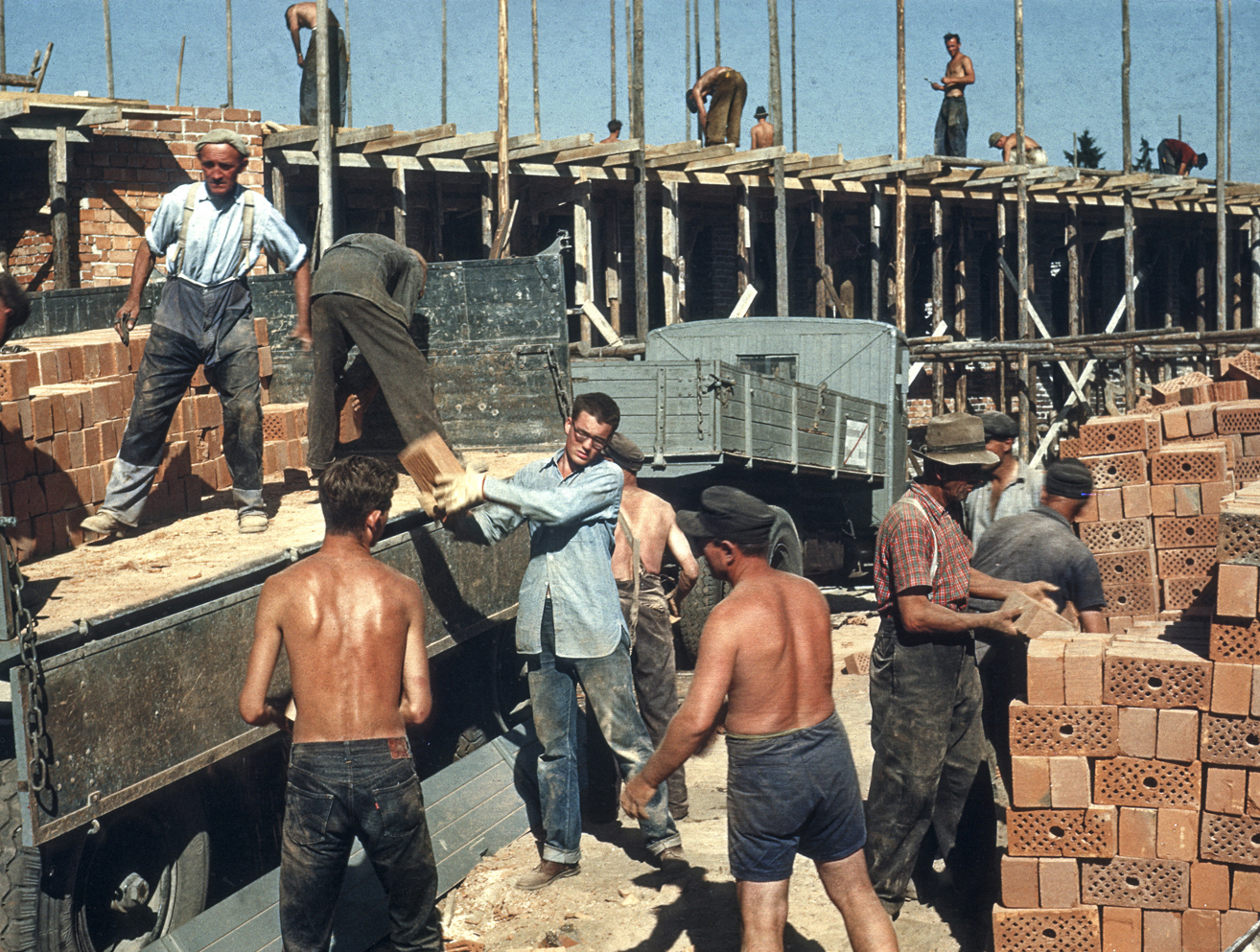 American and German volunteers work together to build an orphanage in Germany, in this 1952 photo. This represents the beginning of church volunteers working on a project of what was then the Methodist Committee on Overseas Relief. File photo courtesy of the United Methodist Committee on Relief. 