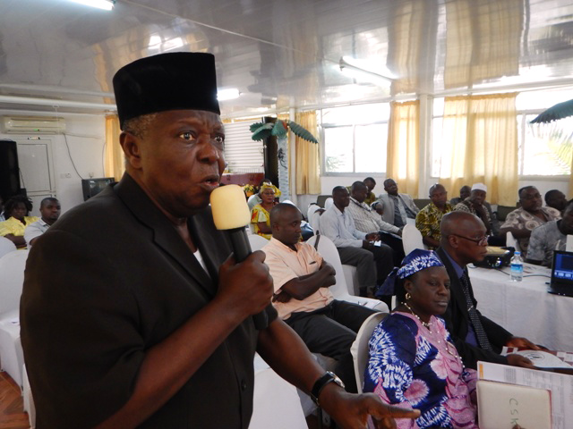 During the launch of Channels of Hope, Alhaij Jah, national chair for Islamic Action Group and founding member of the Interreligious Council of Sierra Leone, cautions funding partners to focus on denominations that have congregations throughout the country. Photo by Phileas Julu