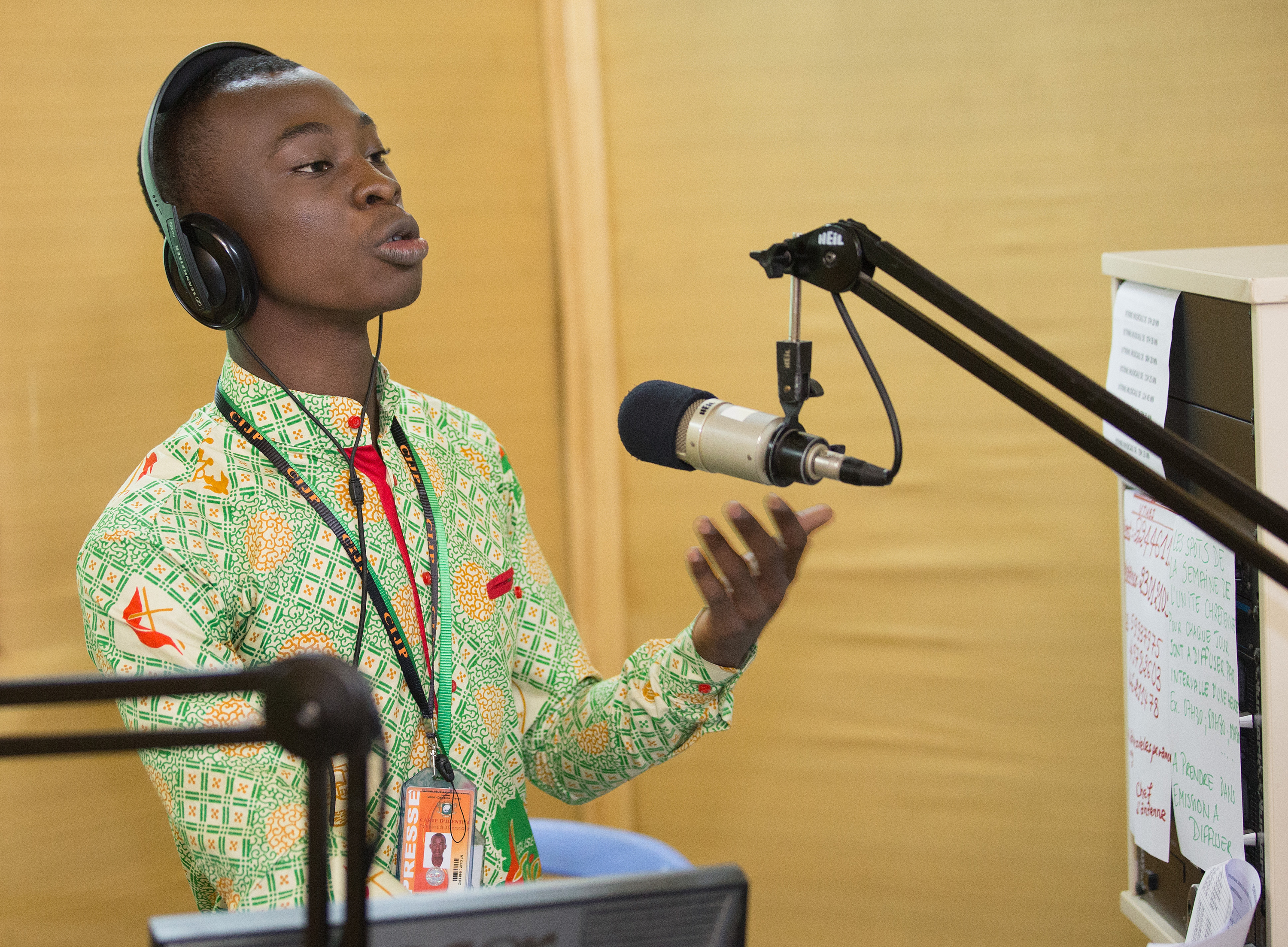 Lionel Sahuie broadcasts from The United Methodist Church's  radio station in  Côte d'Ivoire. Photo by Mike DuBose, United Methodist Communications. 
