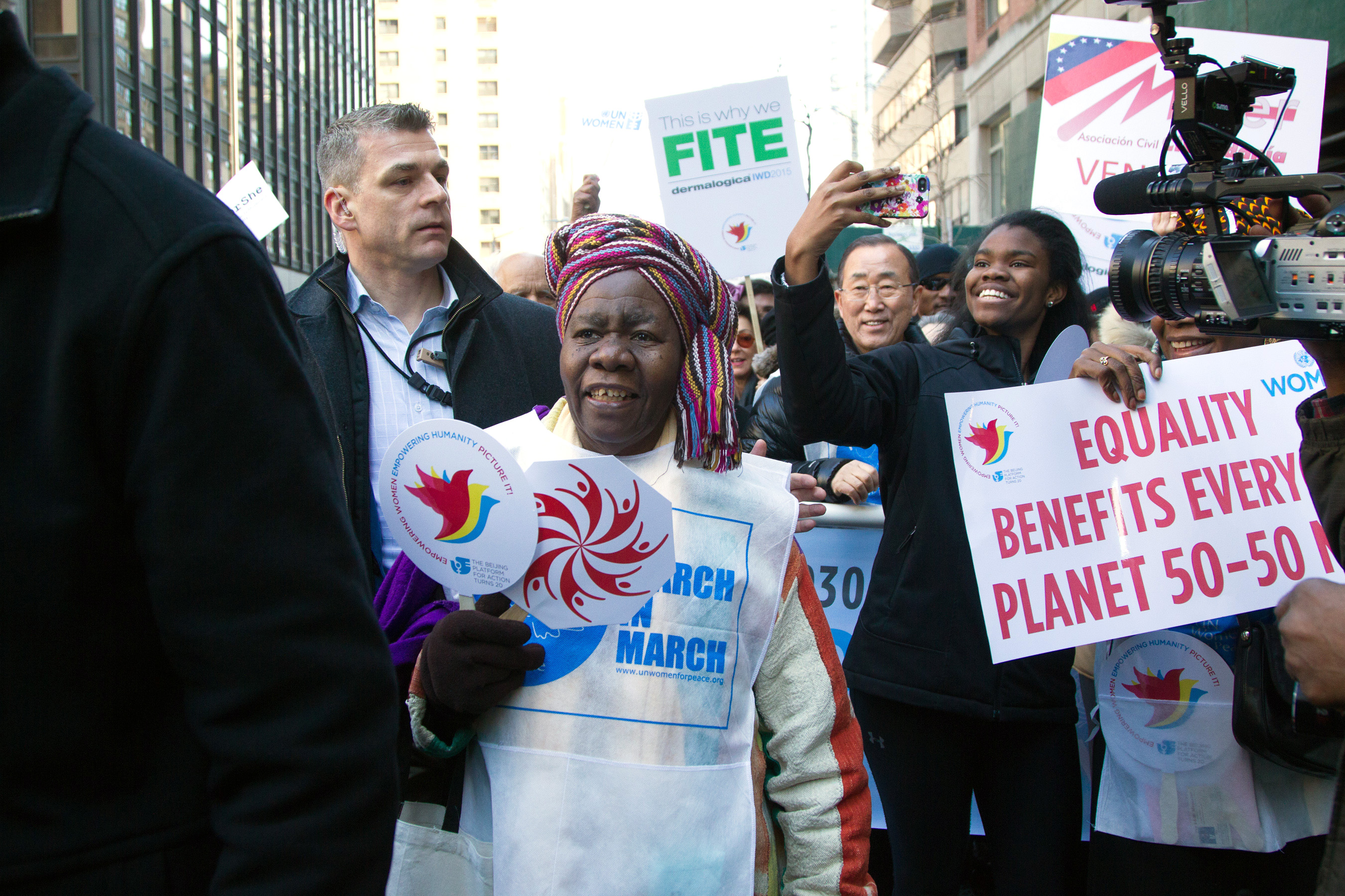 Participants in the International Women's Day March for Gender Equality and Women's Rights, including U.N. Secretary-General Ban Ki-moon (center right). The march preceded the opening of the Commission on the Status of Women. 