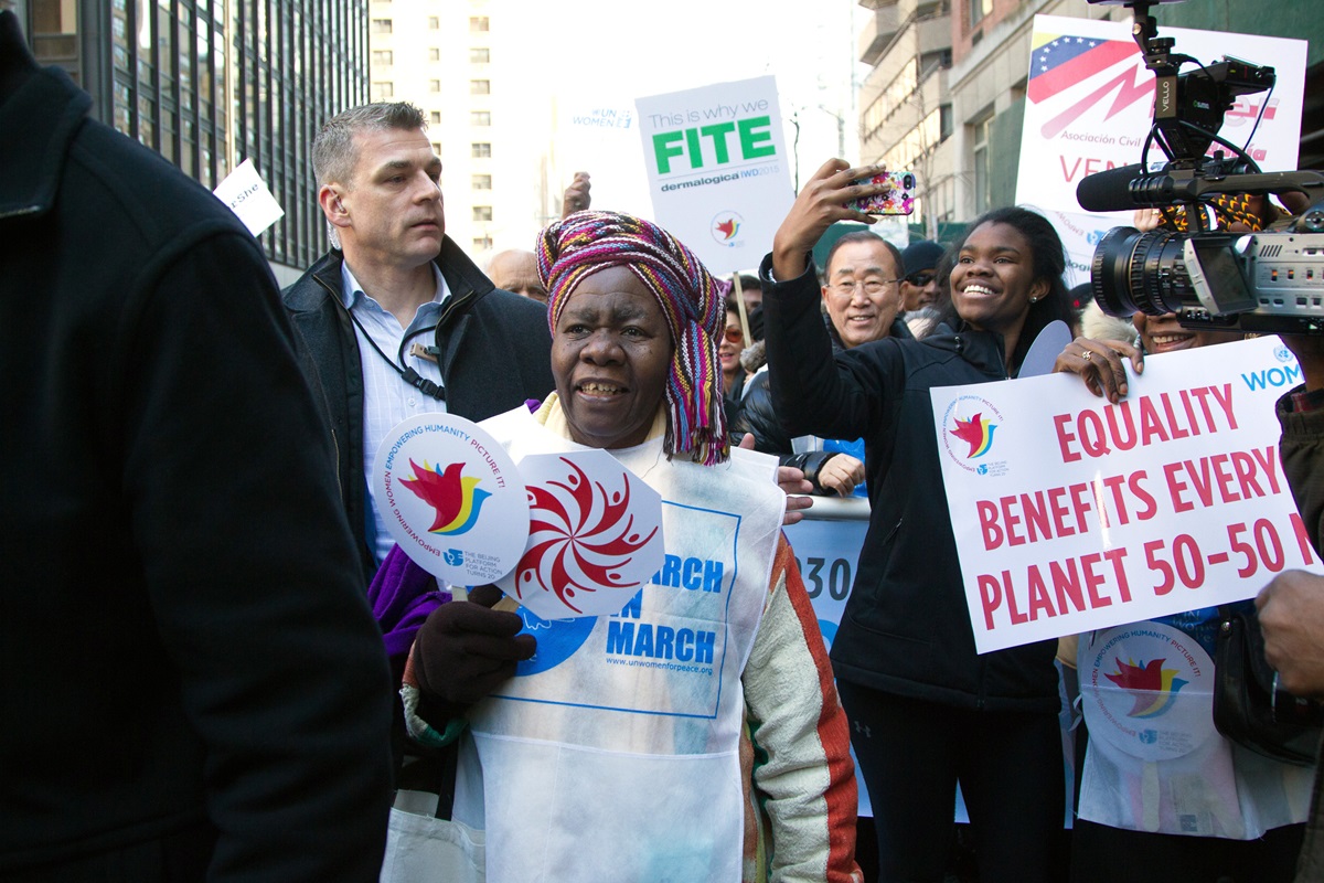 Participants in the International Women's Day March for Gender Equality and Women's Rights, including U.N. Secretary-General Ban Ki-moon (center right). The march preceded the opening of the Commission on the Status of Women. 