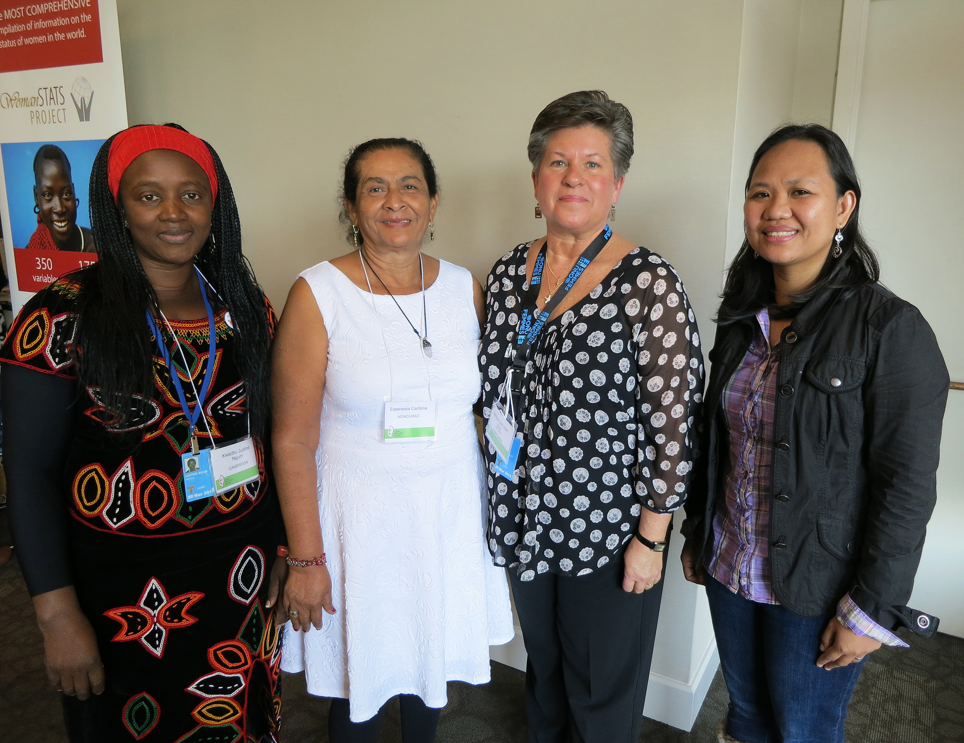 From left, Justine Kwachu Kumche of Cameron, Esperanza Cardona of Honduras, Jennifer Ferariza Meneses of The Philippines and Nichea Ver Veer Guy of the U.S. are part of the 24-member delegation sponsored by United Methodist Women.   Photo by Linda Bloom, UMNS