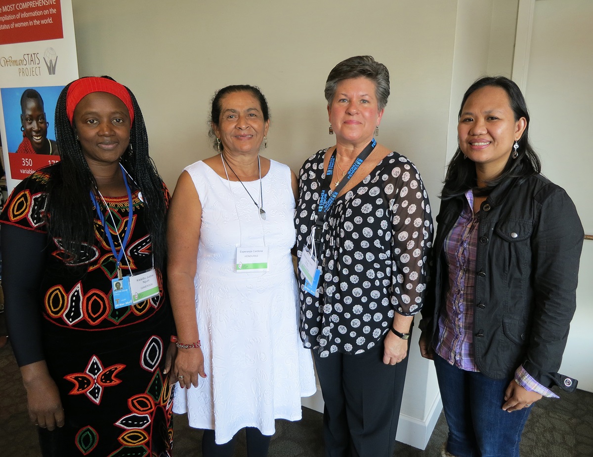 From left, Justine Kwachu Kumche of Cameron, Esperanza Cardona of Honduras, Jennifer Ferariza Meneses of The Philippines and Nichea Ver Veer Guy of the U.S. are part of the 24-member delegation sponsored by United Methodist Women.   Photo by Linda Bloom, UMNS