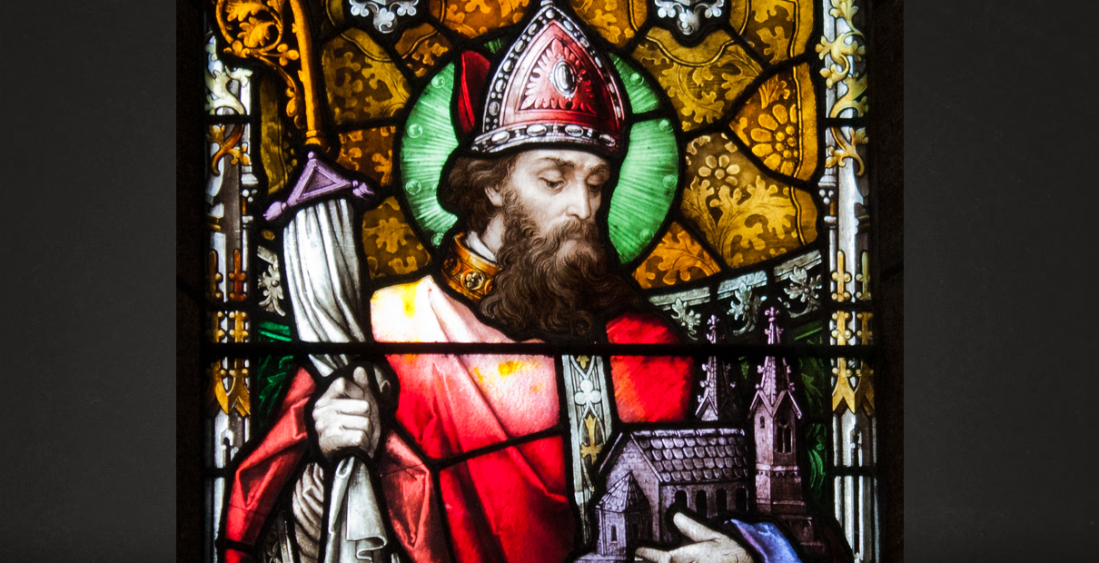 Detail of window of St. Patrick from New Ross Church of St. Mary and St. Michael, Detail of window of St. Patrick from New Ross Church of St. Mary and St. Michael, County Wexford, Ireland. Photo by Andreas F. Borchert., courtesy Wikimedia Commons.